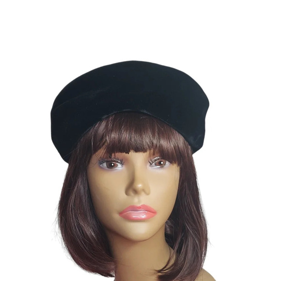 Vintage Black Velvet Union Made Back Bow Pillbox Hat - Picture 1 of 14